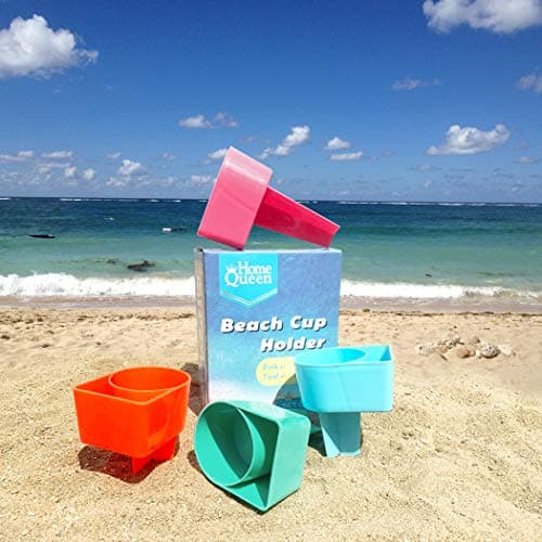 Home Queen Beach Cup Holder with Pocket, Multifunctional Sand Cup Holder for Beverage Phone Sunglass Key, Beach Accessory Drink Sand Coaster, Set of 4 (Teal, Orange, Blue and Pink) - Thumbnail 2