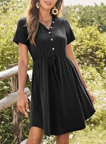 Dokotoo Womens Dresses Spring Summer Resort Wear 2026 Drawstring Waist Cute Babydoll Tunic Dress Casual Short Sleeve Mini Dress Holiday Outfits Sundress Shift Dress Plus Size Black Dresses for Women S - Thumbnail 3