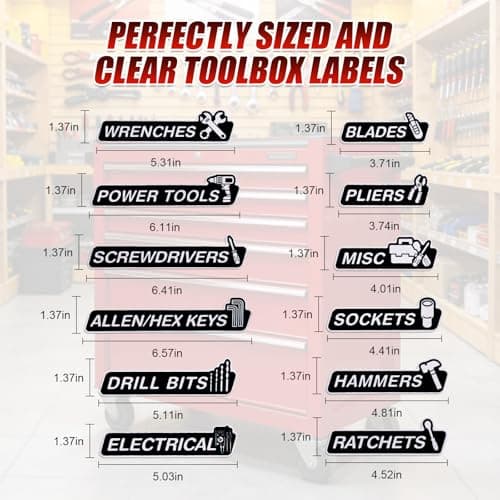 Magnetic Tool Box Labels and Hooks Set, 12 PCS Toolbox Magnetic Labels + 4PCS Self Adhesive Metal Hooks, Reusable Tool Box Accessories Organize for Steel Carts, Drawers, and Cabinets(Black) - Thumbnail 5