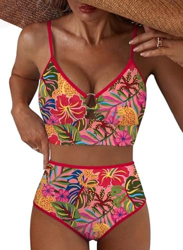 Herseas Womens Tummy Control Bikini Sets O Ring Cutout Two Piece Swim Suit 2026 Stitch Ladies Full Coverage Bathing Suits Slimming Beach Vacation Clothes Red Tropical Leaf Print Medium - Image 1