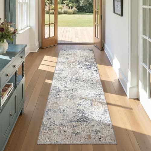 DMOYEST Washable Runner Rug for Hallway: 2x6 Neutral Modern Abstract Low Pile Area Rug with Non-Slip Backing - Carpet for Bedroom Kitchen Laundry Entryway Bathroom Indoor - Beige Blue - Image 1