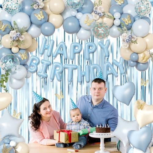Blue Birthday Decorations, Dusty blue Sand White Confetti Foil Balloons Happy Birthday Banner Gold Butterfly Fringe Curtains, Light Blue Birthday Decorations for Boys Girls Women Men - Thumbnail 4