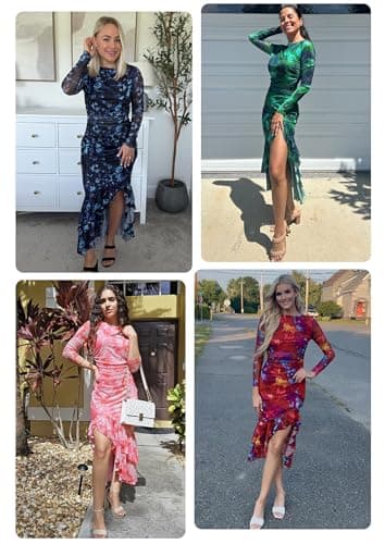 ECOWISH Women's Spring Wedding Guest Dress 2026 Long Sleeve Ruched Bodycon Floral Ruffle Cocktail Party Maxi Dresses Black X-Large - Thumbnail 6