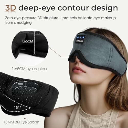BeMyLady Sleep mask Headphones,100% Blackout 3D Zero Eye Pressure Bluetooth Sleep mask Breathable Eye mask with Bluetooth Headphones Sleep Headphones for Side Sleepers, 14H Playtime&Bluetooth 5.4 Grey - Thumbnail 3