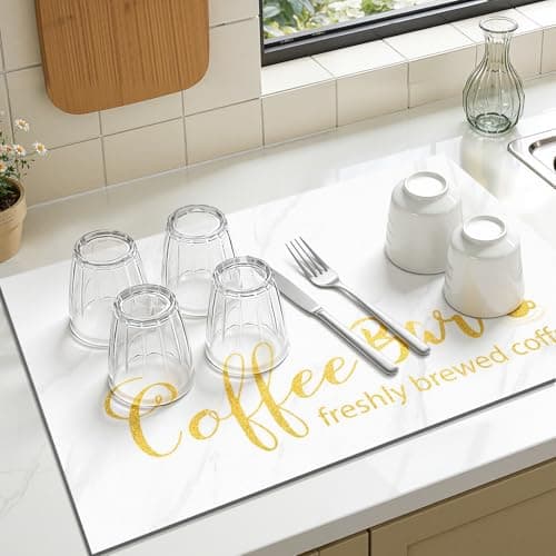 Findosom Dish Drying Mat, 12"x 20" Super Absorbent & Hide Stain Coffee Mat, Cuttable Drying Mat for Kitchen Counter, Coffee Bar Accessories, Under Dish Rack, Coffee Maker, Espresso Machine, White - Thumbnail 4
