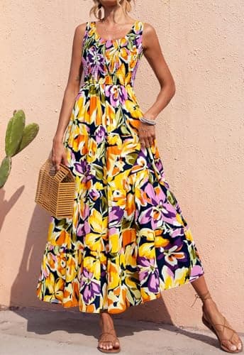 PRETTYGARDEN Floral Summer Dresses for Women 2026 Elegant Classy High Waisted Maxi Dress Sleeveless Smocked Tank Dresses (Navy Yellow Purple Flower, Medium) - Thumbnail 4