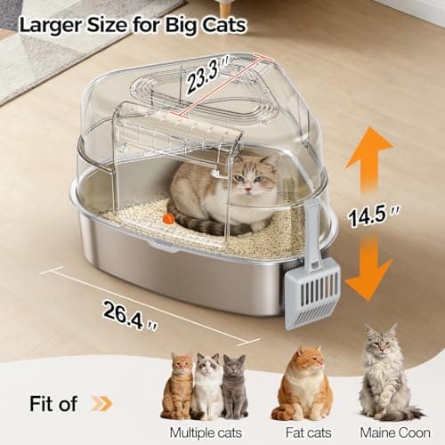 Chumajor XXL Stainless Steel Corner Cat Litter Box with Lid - Sturdy, No Odor & Space-Saving Hidden Design for Large Cats, Grey - Thumbnail 5