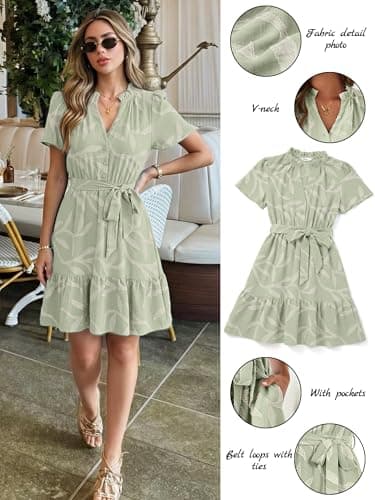 Simplee Womens Short Summer Dresses Casual 2026 Short Sleeve V Neck Empire Waist Belted A Line Flowy Cute Dress Sage GreenM - Thumbnail 4