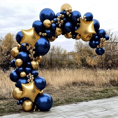 Royal Blue and Gold Balloon Garland Arch Kit, 160Pcs Dusty Blue Gold Latex Balloons with Star Foil Balloons for Wedding Anniversary Birthday Party Decorations - Thumbnail 6