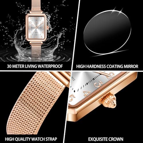 Taxau Womens Dress Watch with Mesh Band Small Womens Watches for Small Wrists Rose Gold Square Analog Quartz Dress Rectangle Lady Watch reloj para Mujer - Thumbnail 4