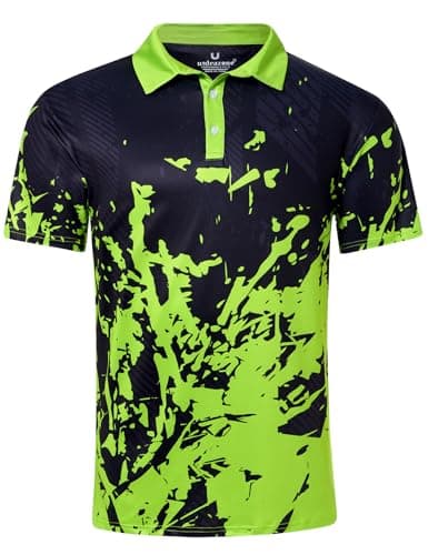 uideazone Mens Polo Shirt Slim Fit Fluorescent Green Black Golf Shirts Moisture Wicking Polos Summer Golf Short Sleeve M - Image 1