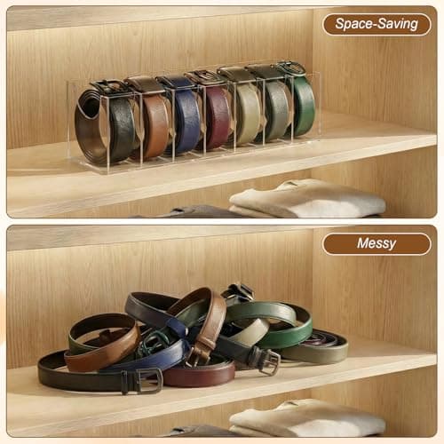 Belt Organizer, Acrylic Belt Storage Holder for Closet Drawer with 7 Compartments, Belt Holder Organizer with Dust Cover Box Holder, Clear Belts Display Case for Watch, Jewelry, Socks - Thumbnail 6