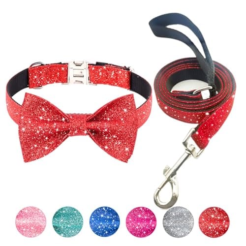 Jumpress Bling Bow Tie Collar and Leash Set, Red Christmas Dog Collar with Bow and 5ft Leash for Puppy Small Dogs (Neck fit 9-12'')