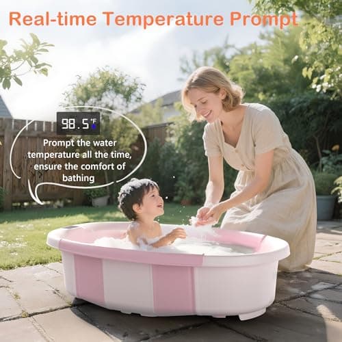 Collapsible Baby Bathtub - Large Baby Bath Tub with Thermometer & Cushion | Travel Portable Newborn Infant Bathtub | Foldable Toddler Bathtub for Baby 0 to 36 Months (Pink) - Thumbnail 4