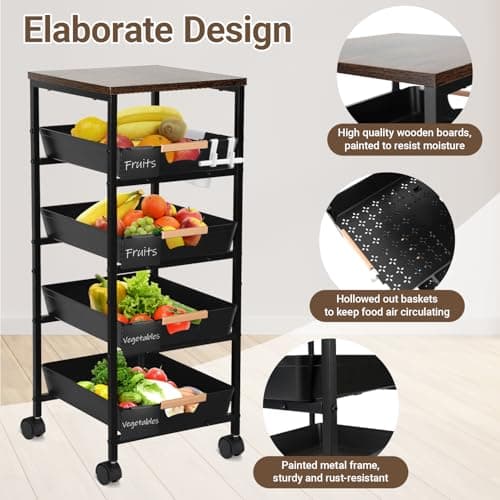 Aukivon Fruit Vegetable Cart for Kitchen, 5-Tier Storage Cart on Wheels with Wood Top, Pull Out Drawers, Rolling Storage Cart for Bedroom, Bathroom, Includes Hanging Box, Hooks and Labels, Black - Thumbnail 5