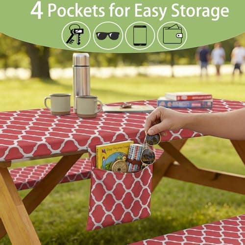 memKiya Fitted Waterproof Picnic Table Cover with Bench Covers Elastic Heat Resistant Outdoor Camping Tablecloth for 6 Foot Dinning Rectangle Tables Summer Rv Patio Garden Road Trip Essential Gift - Thumbnail 5
