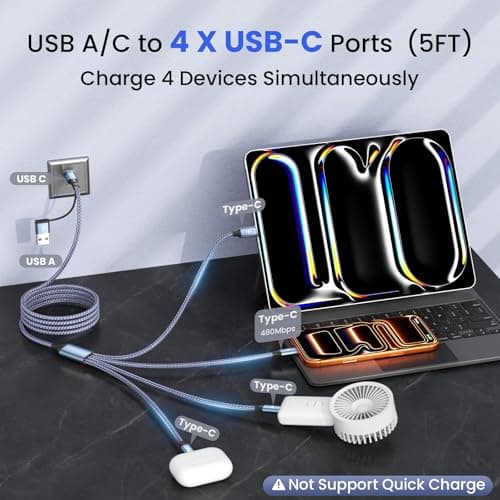 USB C Splitter Multi Charging Cable, USB A/C to USB C Cable[2Pack 5Ft], 4 in 2 Multi Charger Cord, with 4 Type-C Connectors, Travel Holiday Essentials Phone Charger Cord for Cell Phones and More - Thumbnail 2