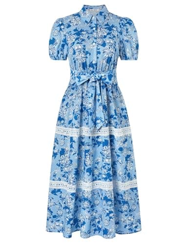 GRACE KARIN Women's 2026 Summer Floral Flowy Dresses Boho Tie Belt Short Puff Sleeve A Line Maxi Shirt Dress with Pocket Blue Floral X-Large - Image 1
