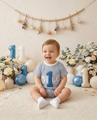 ChuYuKu Baby Boy 1st Birthday Romper Waffle Knit One Short Sleeve Onesie First Birthday Gift Soft Comfortable Bodysuit - Thumbnail 5