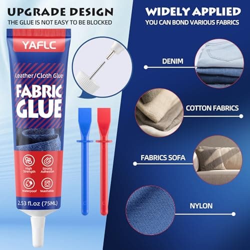 YAFLC Fabric Glue Permanent, Fabric Glue for Patch, Clear Fabrics Adhesive for Clothing Permanent Washable for All Cotton, Denim, Flannel, Polyester 2 x 75 ml - Thumbnail 2