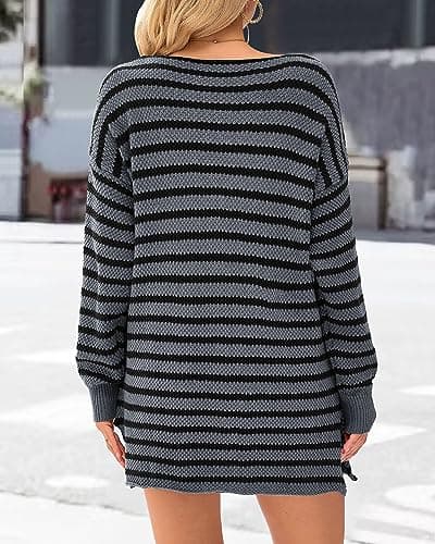 KIRUNDO Women's 2026 Fall Winter Oversized Long Sleeve Striped Sweater Casual Crewneck Side Split Pullover Knit Tops(Grey, Medium) - Thumbnail 5