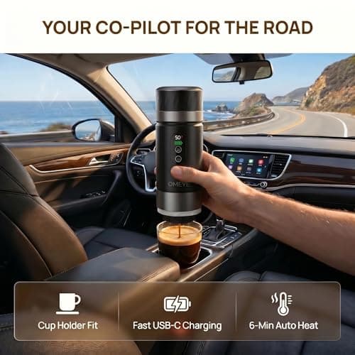 OMEYE Portable Espresso Maker for Camping Travel Office – 20 Bar Self-Heating Cordless Coffee Machine, LED Display, Dual 7500mAh Battery, USB-C, Compatible with Small/Large Capsules & Ground Coffee - Thumbnail 5