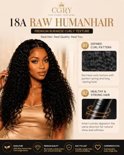 CGRY V Part Wig Human Hair Burmese Curly 18A Raw Glueless 3C/4A - Thumbnail 6