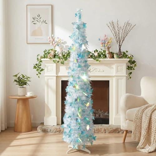 5FT Easter Tree, 50 LED Lights Slim Pop Up Artificial Tree with Shimmering Foil Branches, Space-Saving Foldable Tree for Living Room, Entryway, Apartment, Spring Decoration Butterfly Accent Tree - Image 1