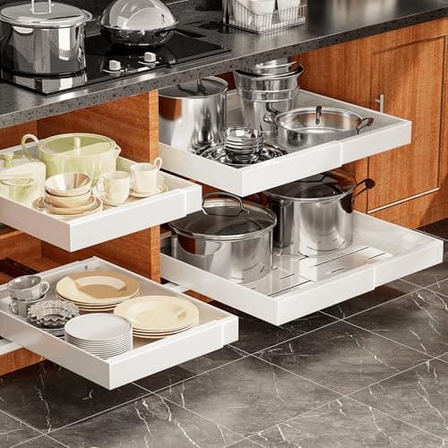 4 Pack Pull Out Cabinet Organizer for Pots and Pans, Upgraded 3-Slide Rail System with Adhesive Pads, Expandable Width (15.2"-26.2") Fits 21" Deep Framed/Frameless Cabinets, White Slide-Out Shelves - Image 1