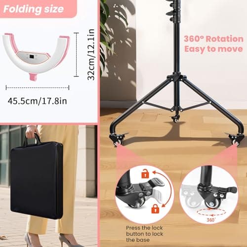 22" Foldable Ring Light with Stand for iPhone ipad, 75" Tripod with Wheels 50W 6500K LED Display/2 USB Ports Large Ringlight Rolling, Tattoo Barber Makeup Studio Video Photography Lighting(Pink) - Thumbnail 3