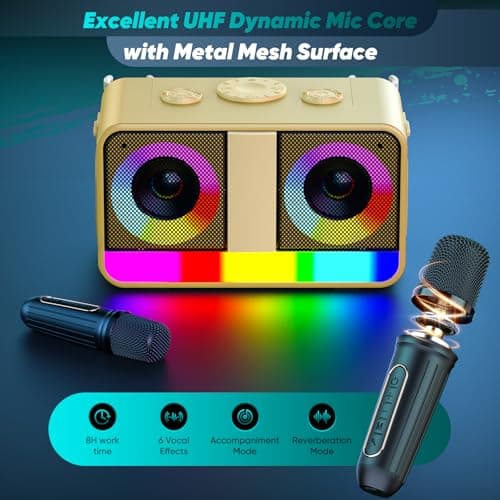 RayangSound Karaoke Machine, Real 35W Portable Speaker,8H Long Time, 2 Rechargeable Wireless Microphones,LED,Karaoke Machine for Adults & Kids,BT/FM/USB/TF/AUX,for Home Party/Outdoors(CHJ171-Golden) - Thumbnail 3