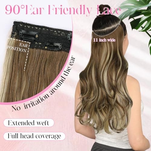 Invisible Wire Hair Extensions with Transparent Wire Adjustable Size 4 Secure Clips Long Wavy Secret Hairpiece 20 Inch for Women(Light Brown with Caramel Blonde) - Thumbnail 3