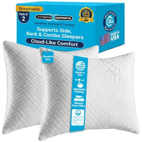 Xtreme Comforts Memory Foam Pillows |GREENGUARD Certified Adjustable Shredded Foam Fill for Personalized Support |Bed Pillows for Side,Back & Stomach Sleepers |Removable Cover |2 Pillows Standard Size