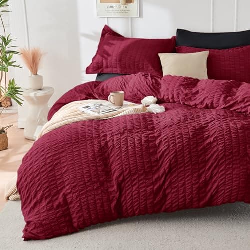 HYMOKEGE Red & Black Queen Comforter Set Seersucker 7 Pieces, All Season Luxury Bed in a Bag for Bedroom, Bedding Set with Comforters, Sheets, Pillowcases & Shams - Thumbnail 2