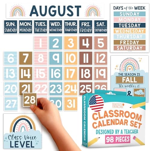 Hadley Designs Classroom Calendar Set Bulletin Board Decorations - Boho School Calendar for Classroom Decor, Kindergarten Preschool Elementary Teacher Must Haves, Homeschool & Daycare Essentials