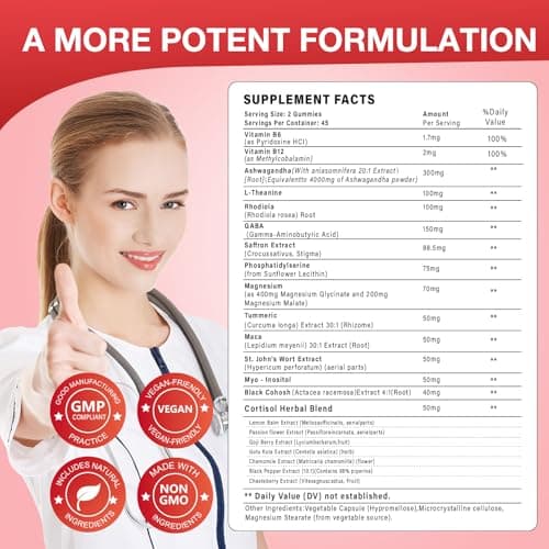 Bvlaue Cortisol Supplements for Women & Men - Cortisol Reducer Detox Manager with Ashwagandha/Magnesium/L-theanine/GABA/Vitamin B6 for Mood/Sleep/Stress Relief 90 CT Strawberry Flavor Gummies - Thumbnail 6