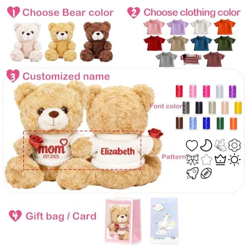 12'' Personalized Mother's Day Embroidered Teddy Bear with Rose, Custom Name Stuffed Plush Teddy, Soft Mom Bear Gift for Mother's Day, Birthday, Customized Gift for Mom Grandma from Daughter Son - Thumbnail 4