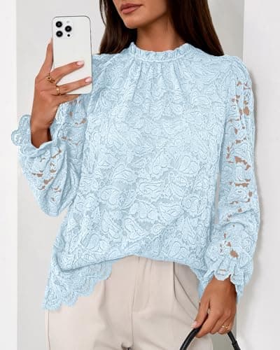 KIRUNDO Blouses for Women Dressy Casual Lace Long Sleeve Tops Mock Neck Ruffle Shirts 2026 Spring Fall Fashion Clothing(Blue, X-Large) - Thumbnail 3
