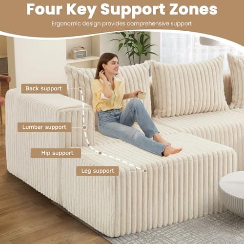 PATAVOT 104 Inch Cloud Couch Sectional,Corduroy Boneless Couches for Living Room,L-Shaped Modular Sectional Sofa with Removable Ottoman and Deep Seat,No Assembly Required,Beige - Thumbnail 5