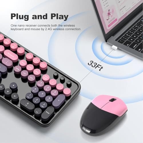 MOFII Wireless Keyboard and Mouse Combo, Retro Typewriter Keyboard with Colorful Round Keycaps, 2.4GHz USB Plug Play Connection for PC Laptop Windows XP/7/8/10 (Berry Pink) - Thumbnail 2