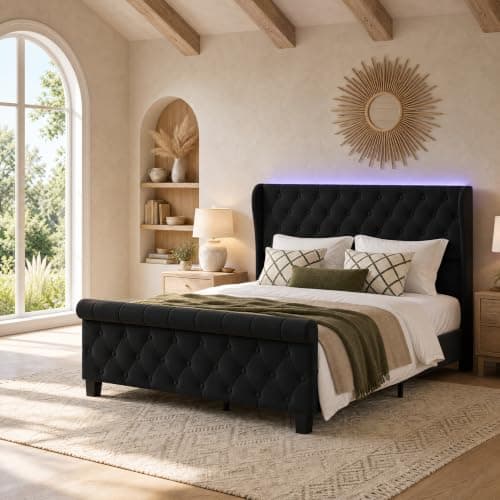 Uteeran Queen Size Bed Frame with Headboard, Velvet Upholstered Bed Frame with LED Lights & Charging Station, Platform Bed with Wooden Slats Support, Luxury Button Tufted Design, Noise Free, Black