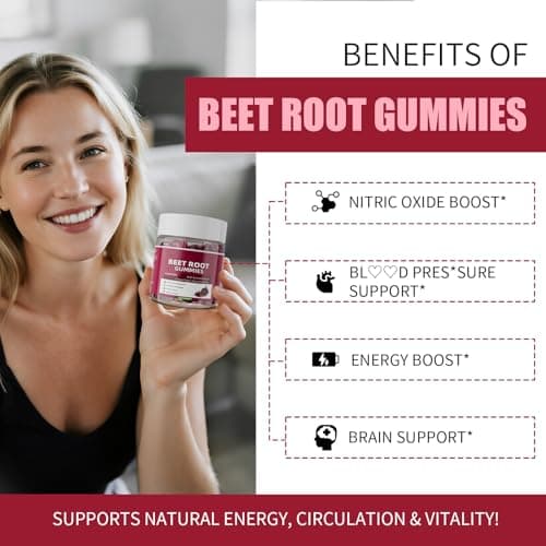 M inch Beet Root Gummies, Blood* Pressure Support & Nitric Oxide Booster, 8-in-1 Wellness Formula with Grape Seed, Coq10, Folic Acid, Vitamin C, B3 & B12, Sugar Free, Vegan, Pomegranate Flavor, 2 Pack - Thumbnail 3