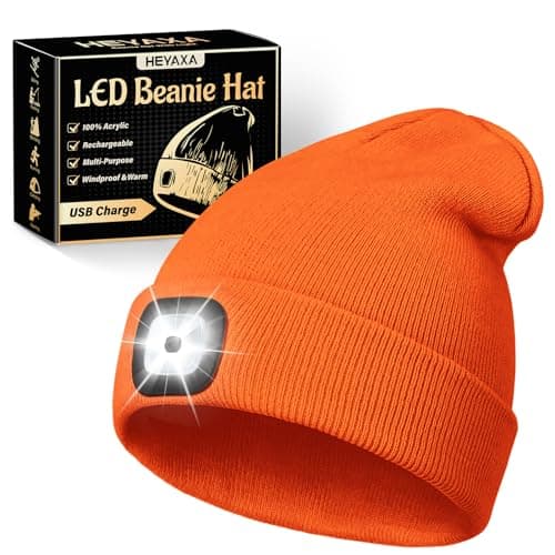 HEYAXA Unisex LED Beanie with Light, Rechargeable Headlamp Hat, Warm Knitted Cap, Dad Gifts for Husband, Dad, Birthday Gifts for Men, Dad, Father, Women, Him, Her, Orange - Image 1