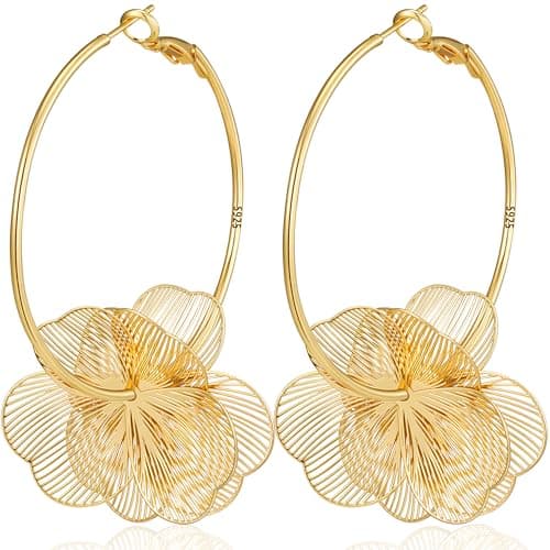 DORANA 14K Gold Plated Flower Dangle Earrings for Women Lightweight Thin Hoop Earrings Big Filigree Flower Statement Earring Boho Party Prom Jewelry - Image 1