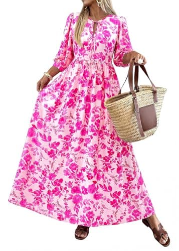 KIRUNDO Summer Dresses for Women 2026 Spring Wedding Guest Boho Floral 3/4 Sleeve Beach Vacation Cruise Flowy Maxi Dress(Rose Red, Large) - Image 1
