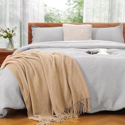 VALUXE Duvet Cover Set Queen Size 100% Cotton,Light Gray Waffle Weave Soft and Breathable 3 PCs Bedding Set (1 Duvet Cover and 2 Pillow Sham) - Image 1
