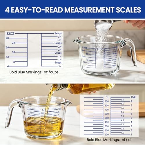 Glass Measuring Cup, 4 Cup Measuring Cup with Lid, High Borosilicate Liquid Measuring Cups with Easy-Read Scale for Cooking and Baking, Dishwasher/Freezer/Microwave Safe - Thumbnail 3