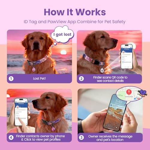 PawView Dog Collar and Leash Set, QR Tag Adjustable Pet Collar, 5 FT Heavy Duty Dog Leash, Padded Handle, Quick Release Buckle, Metal Ring, 360° Swivel Clip for Medium Dogs Walking Running (Purple, M) - Thumbnail 5
