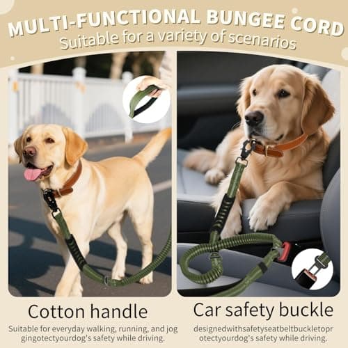 AIRUIDOG Heavy Duty Tactical Bungee Dog Leash, 4-6FT Shock Absorbing Tactical Dog Leash with 2 Padded Handles, Metal Carabiner Clip, Car Seatbelt, Reflective for Medium Large Dogs (ArmyGreen) - Thumbnail 5