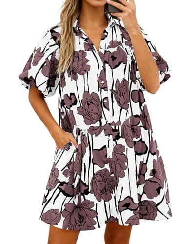 PRETTYGARDEN Womens Summer Dresses 2026 Casual Puff Sleeve Button Down Mini Shirt Dress Boho Floral Babydoll Sun Dress(Brown,Medium) - Image 1
